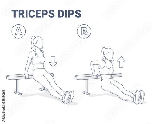 Bench Triceps Dips Female Exercise Guide Black and White Illustration.
