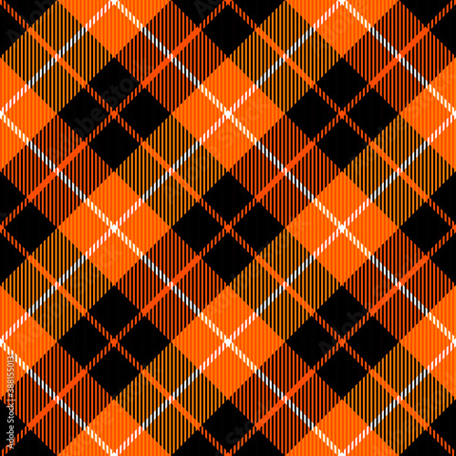 Diagonal tartan Halloween plaid. Scottish pattern in orange, white and black cage. Scottish cage. Traditional Scottish checkered background. Seamless fabric texture. Vector illustration