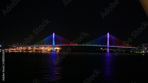 night shot of Korea busan bridge and port from cruise 