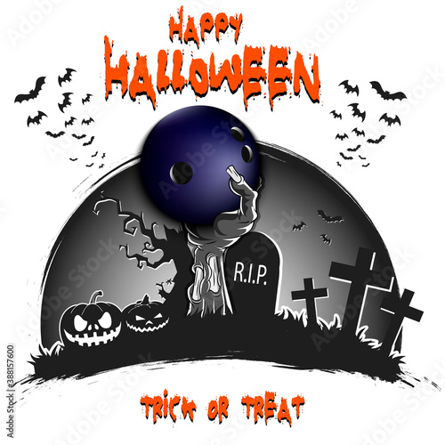 Happy Halloween. Zombie hand from the grave holding a bowling ball. Pumpkins, spooky tree, crosses, coffin and bats. Pattern for banner, poster, party invitation. Vector illustration