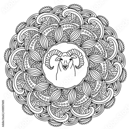 Outline zen mandala with fantasy patterns and an image of Aries in the center, zodiac sign and antistress doodle coloring page
