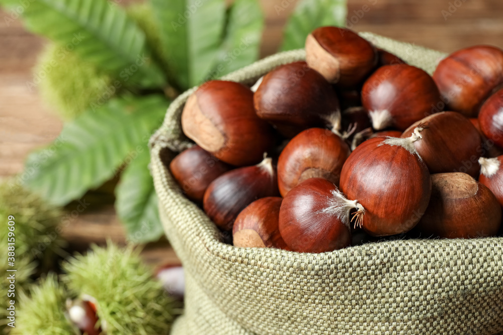Fresh sweet edible chestnuts in sack, closeup Fresh sweet edible chestnuts in sack, closeup