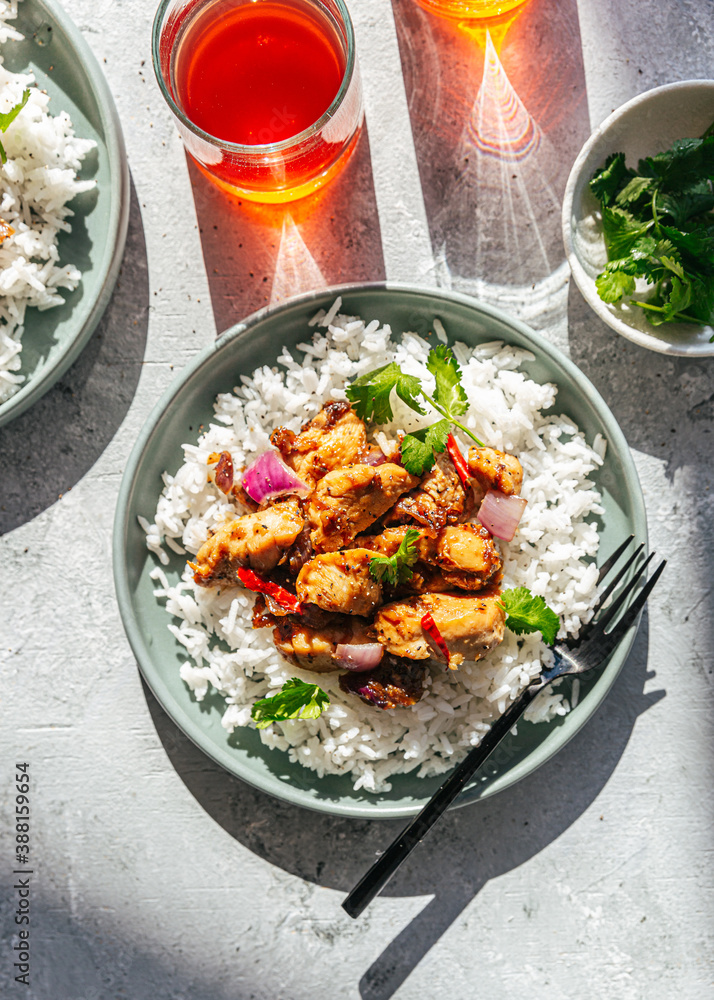 Stirfry chicken with basmati rice on plates Stock Photo Adobe Stock