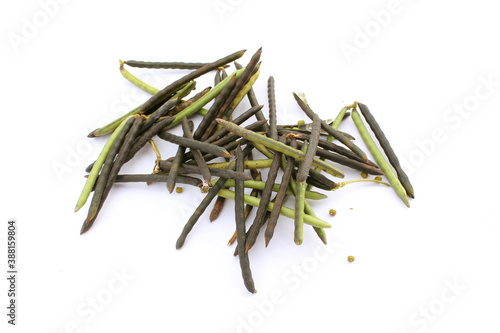 Mung beans and pods isolated on white background