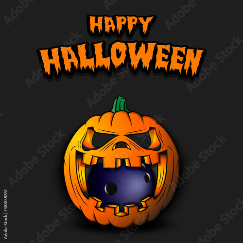 Happy Halloween. Bowling ball inside frightening pumpkin. The pumpkin swallowed the ball with burning eyes. Design template for banner, poster, greeting card, party invitation. Vector illustration