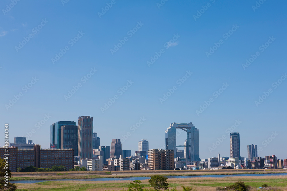 淀川河川敷より大阪のビル群