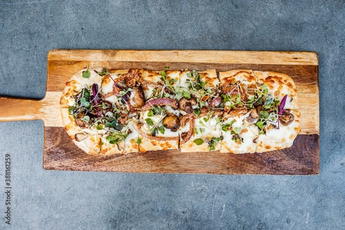 flatbread pizza on a table photo