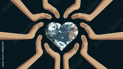 Detailed flat vector illustration of multiple hands circling a heart shaped Earth. International Day of Living Together in Peace.