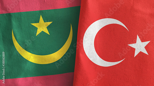 Turkey and Mauritania two flags textile cloth 3D rendering