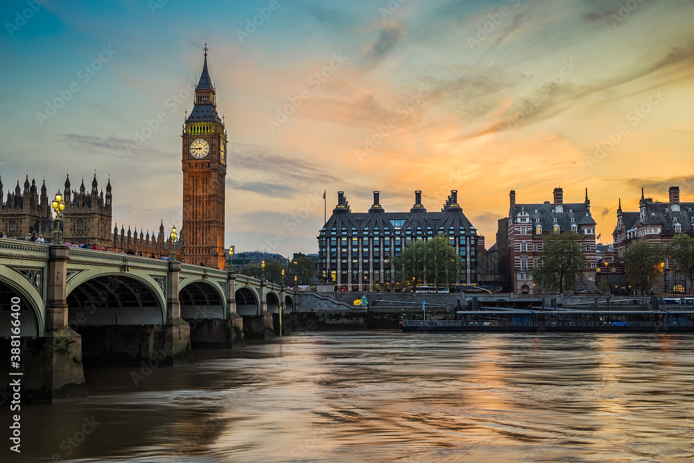 London, UK - A shot of major London city landmarks at Sunset including the big ben