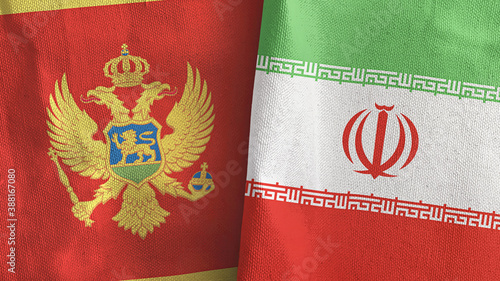 Iran and Montenegro two flags textile cloth 3D rendering