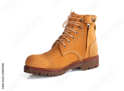 Men fashion yellow boot leather with zipper isolated over white background. Clipping path