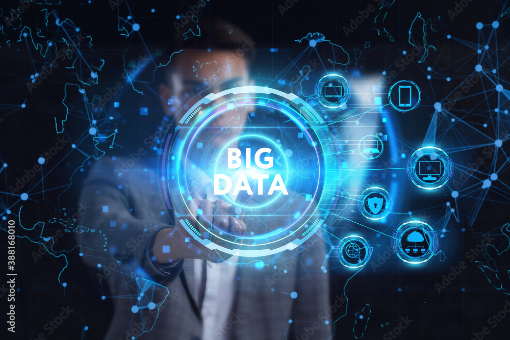 Business, technology, internet and network concept. Young businessman thinks over the steps for successful growth: Big data Business, technology, internet and network concept. Young businessman thinks over the steps for successful growth: Big data