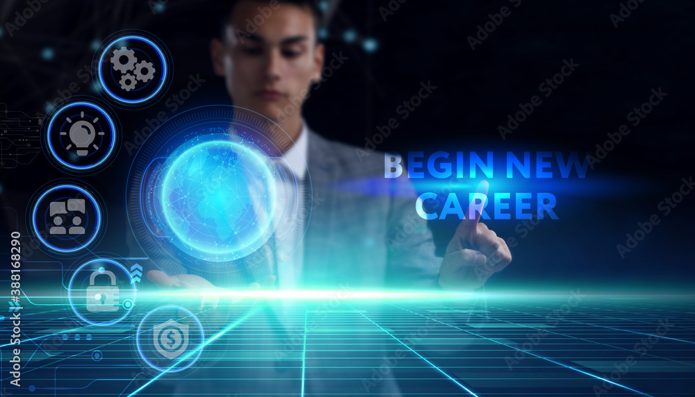Business, technology, internet and network concept. Young businessman thinks over the steps for successful growth: Begin new career Business, technology, internet and network concept. Young businessman thinks over the steps for successful growth: Begin new career