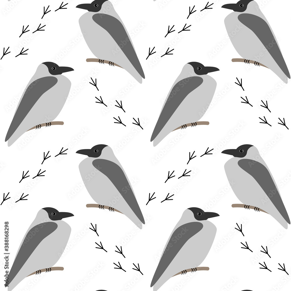 Naklejka premium Seamless pattern with grey crows and birds tracks on the snow. Winter design