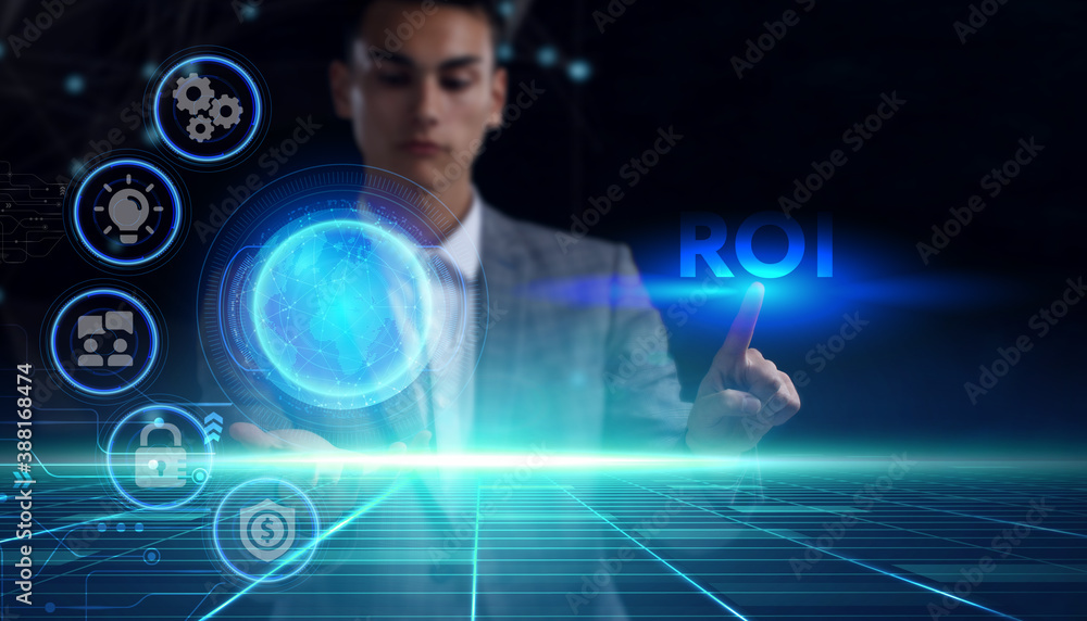 Business, technology, internet and network concept. Young businessman thinks over the steps for successful growth: ROI Business, technology, internet and network concept. Young businessman thinks over the steps for successful growth: ROI