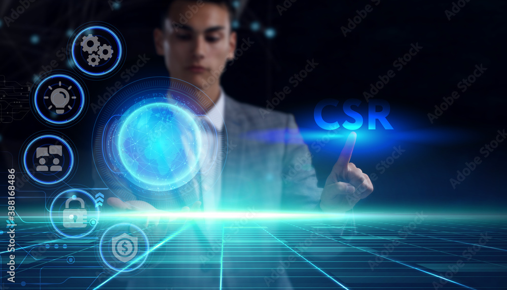 Business, technology, internet and network concept. Young businessman thinks over the steps for successful growth: CSR Business, technology, internet and network concept. Young businessman thinks over the steps for successful growth: CSR