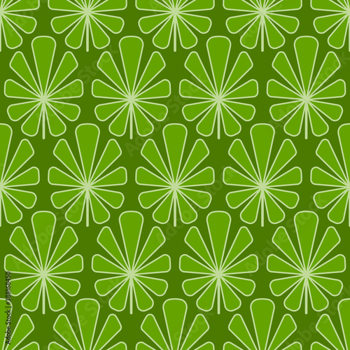 Seamless pattern of green fan leaves in ar deco style. Floral design