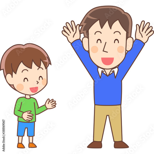 会話をする少年と男性