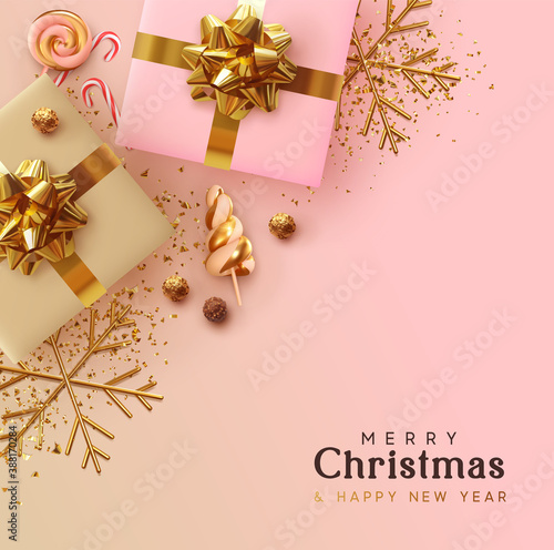 Merry Christmas and Happy New Year. Background Xmas design realistic gifts box, festive decorative objects. flat lay top view. Christmas poster, holiday banner, flyer, stylish brochure, greeting card