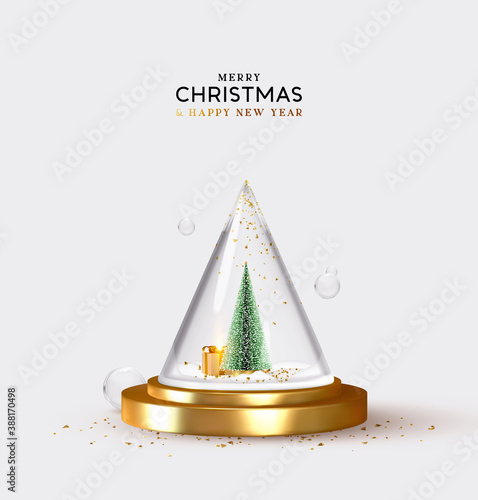 Christmas tree and pine fluffy with gift design. Cone glass pyramid with Christmas and New Year composition. Festive decorative realistic object. holiday background. vector illustration.