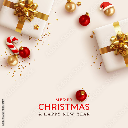 Merry Christmas and Happy New Year. Background Xmas design realistic gifts box, festive decorative objects. flat lay top view. Christmas poster, holiday banner, flyer, stylish brochure, greeting card