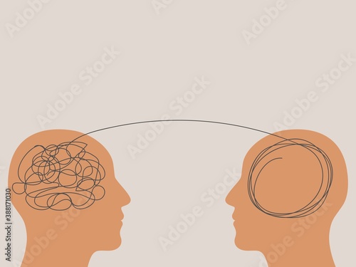 Two humans head silhouette psycho therapy concept. Therapist and patient. Vector illustration for psychologist blog or social media post.