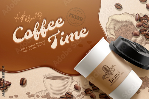 Coffee ad on engraved background