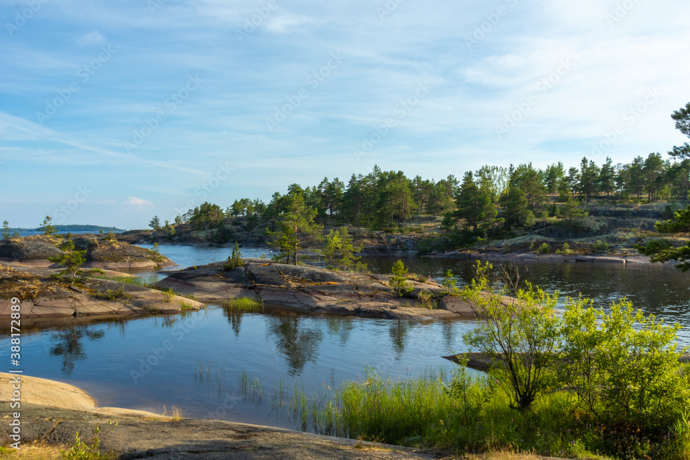 beautiful landscape with green, natural trees and plants, rocks on the island, natural pond, lake against the blue sky in Karelia, Russia