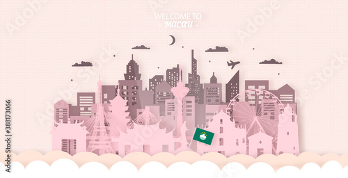 Macau Travel Ticket Postcard, poster, tour advertising of world-famous landmarks of Macau. Vector illustration.