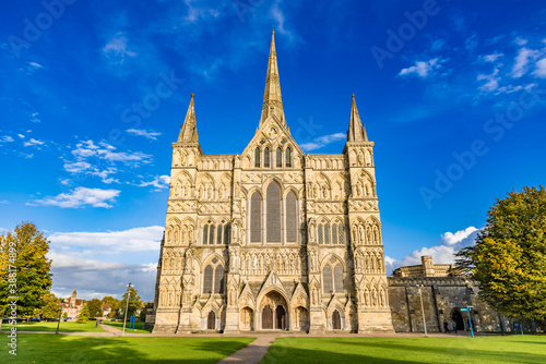 Salisbury Cathedral, formally known as the Cathedral Church of the Blessed Virgin Mary, an Anglican cathedral in Salisbury, England.