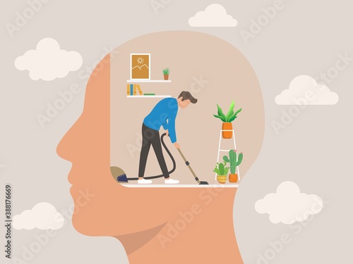 Man with vacuum cleaner cleaning room inside giant head. Concept of cleansing and purification of inner space, thought cleansing, self care, mental health. Flat cartoon vector illustration.