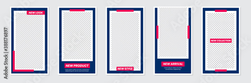 Set of rectangle editable minimal layout social media stories template navy color for personal or business. Use this layout for web, banner, poster, shop, discount, sale, promotional product.