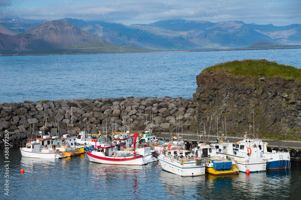 Summertime, Beautiful view of Fishing ships in Arnarstapi harbor at Snaefellsnes peninsula in Iceland