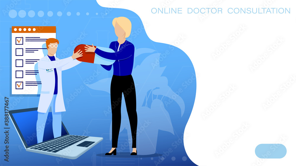 Online doctor gives pill to patient. Sick girl consults with specialist about treatment. Tele medicine. Online consultation of patient with doctor via Internet from laptop. Vector