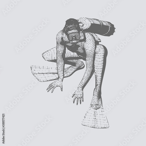 Silhouette of diver. The concept of sport diving. Vintage engraved illustration