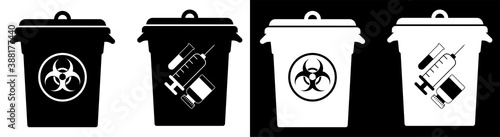 trash cans with hazardous waste signs. Disposal of hazardous materials, processing of industrial waste. Caring for environment