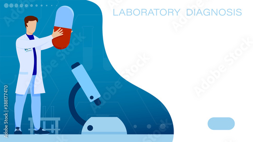 Medical scientist, doctor holds pill in his hands. Laboratory studies of analyzes and prescription of drugs. Vector