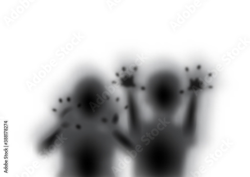 Crop and blurred of shadow in boy and girl body shape with pretend ghost acting look like scary ghost on white background with space foe texts.