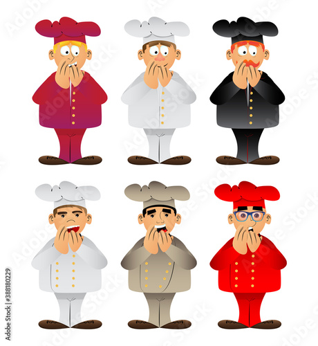 Fat male cartoon chef in uniform with hands over mouth. Vector illustration.
