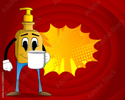 Cartoon bottle of hand sanitizer gel for hygiene  with face holding big mug.