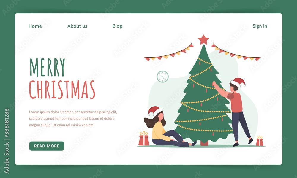 Joyful family decorate Christmas tree. New Year landing page template. Happy couples during Christmas holidays preparations. Flat vector illustration in cartoon style.