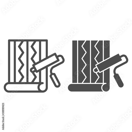 Wallpaper and roller line and solid icon, repair concept, wallpaper with geometric pattern and platen sign on white background, tools for repair icon in outline style for web design. Vector graphics.