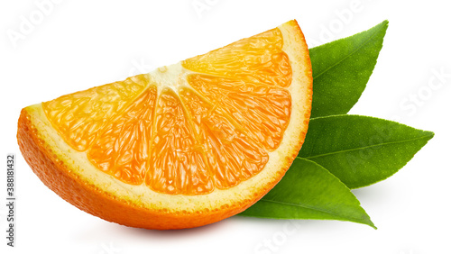 Slice of juicy orange fruit decorated with citrus leaves