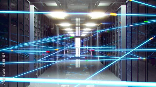 Data processing center. Digital information is transmitted over fiber optic cables over a network. Room with storage, server stations.