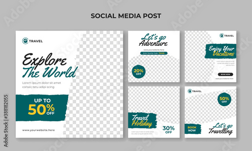 Explore the world banner for social media post template. Holiday travel banner collection
