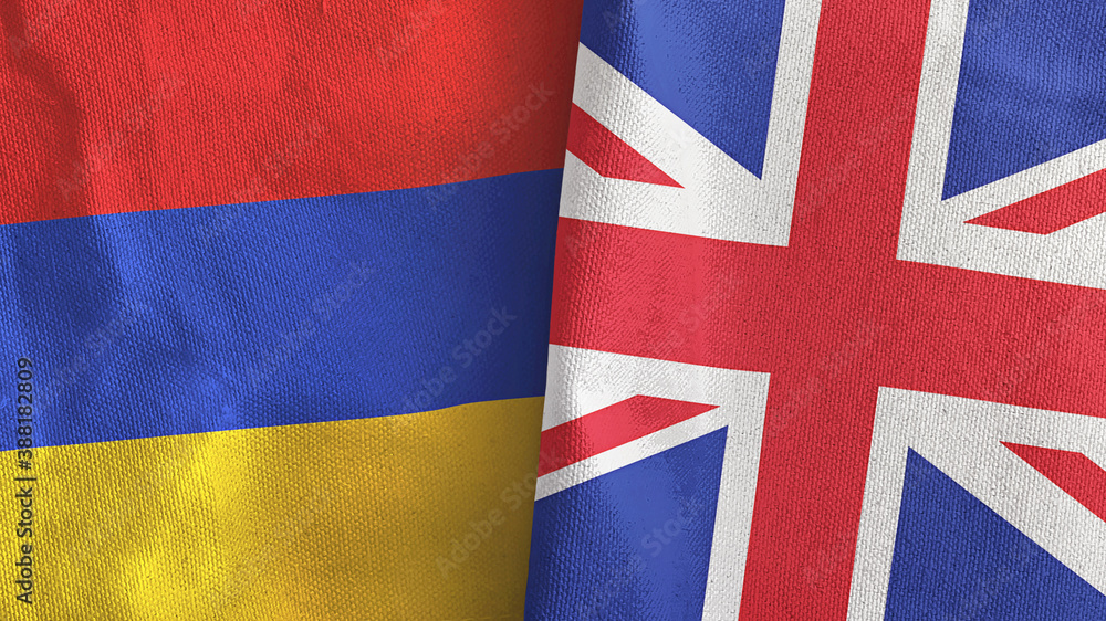 United Kingdom and Armenia two flags textile cloth 3D rendering United Kingdom and Armenia two flags textile cloth 3D rendering