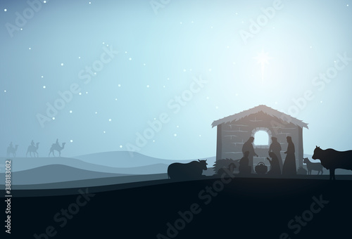 Nativity Scene Silhouette Vector Illustration. Holiday Holly Night. Christmas Cut File Scrapbook. Decorative and Gretting Card. Clip Art.