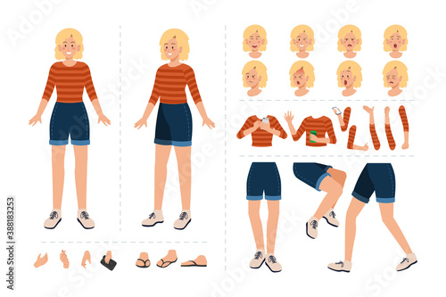 Girl in casual clothes cartoon character for motion design with facial expressions, hand gestures, body and leg movement illustration
