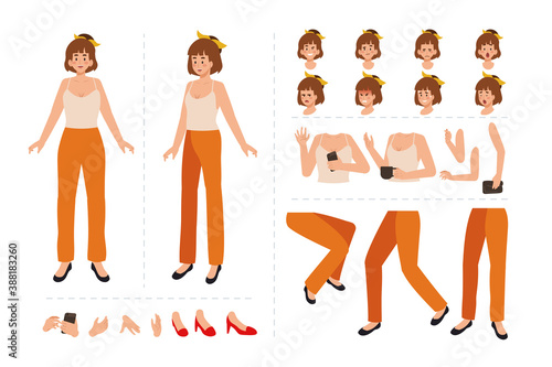 Cute girl cartoon character for motion design with facial expressions, hand gestures, body and leg movement illustration